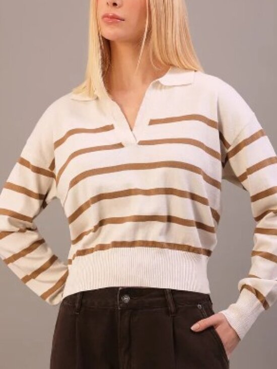 Calvin Klein Jeans Sweaters - Calvin Klein Jeans Collared V Neck Striped Cotton Cropped Sweater